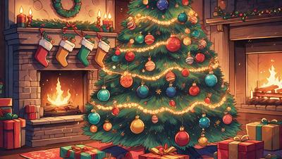 The primary subject of the image is a Christmas tree, which is adorned with various ornaments and presents. The setting is a cozy living room, with a fireplace in the background. The visual style is a combination of digital art and illustration, creating a warm and festive atmosphere. The dominant colors are red, green, and gold, which are commonly associated with Christmas decorations.